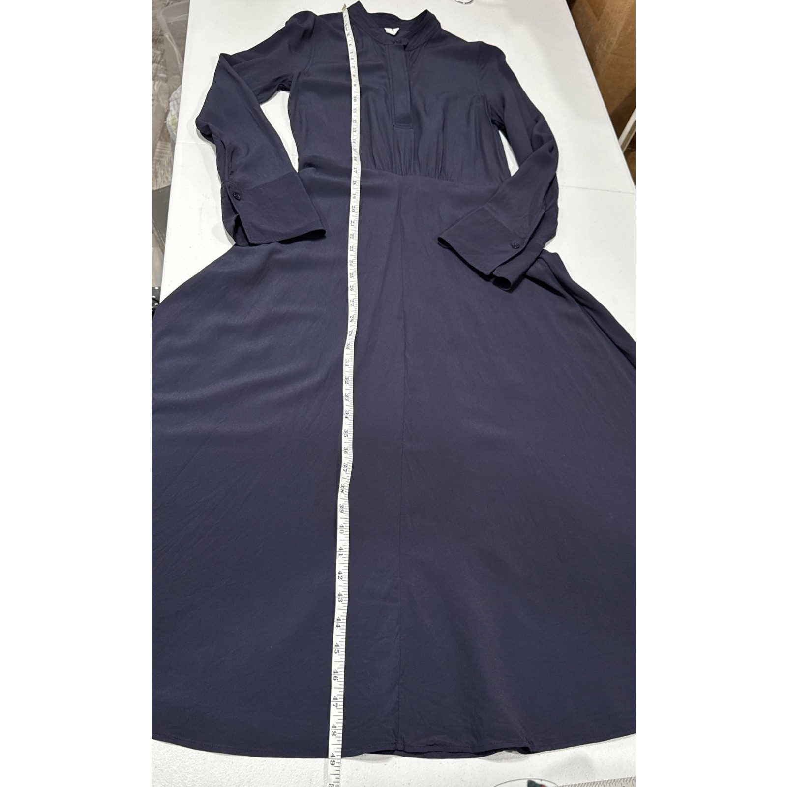 Arket Womens Modest Maxi Dress EU 34, US 4 Long Sleeves A-Line Band Collar Blue