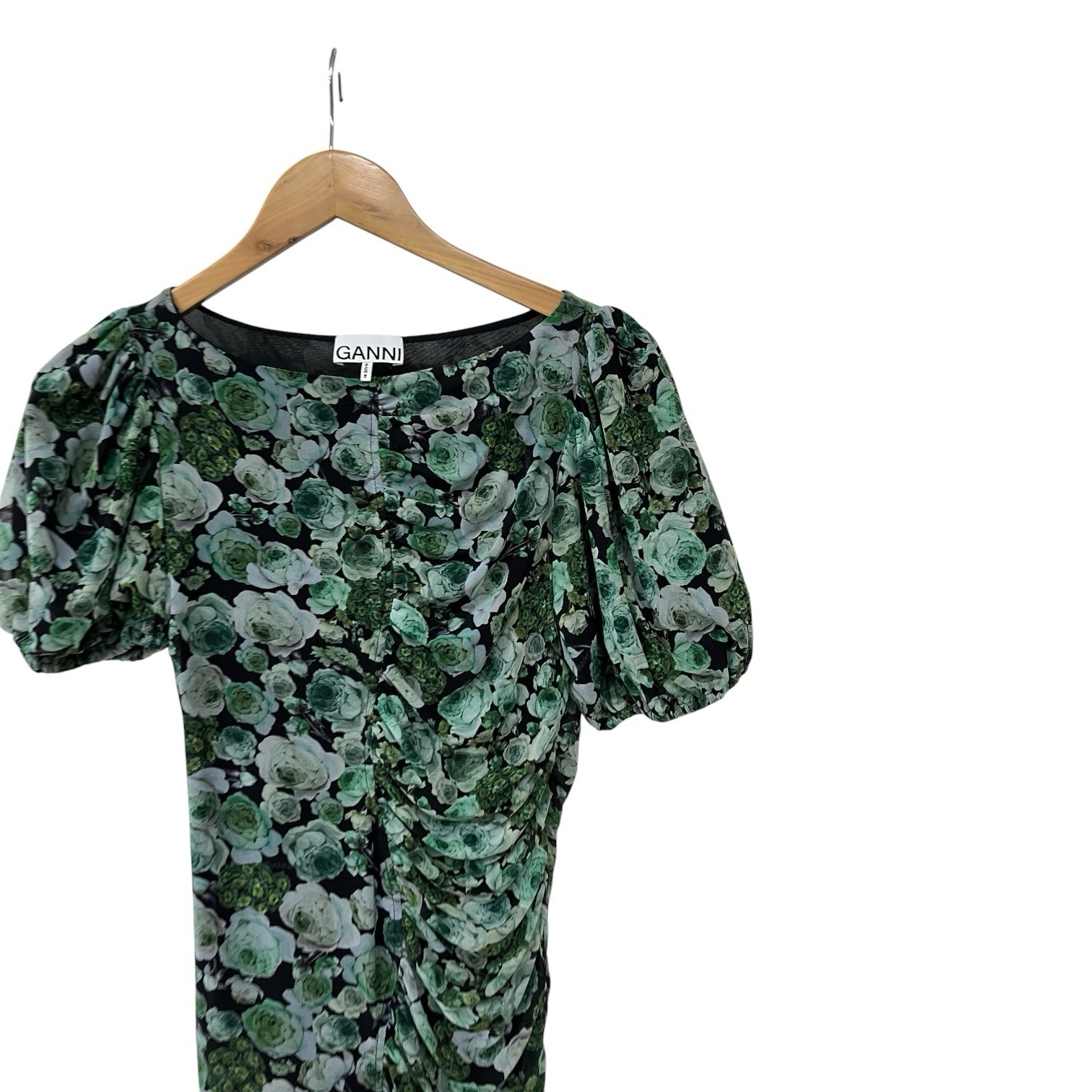 Ganni Green Floral Ruched Mesh Mini Dress Short Puff Sleeve 38