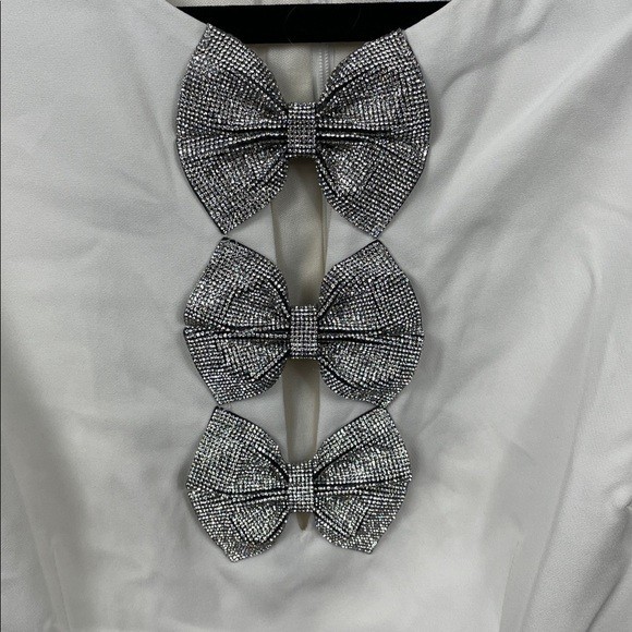 New Sam Edelman Rhinestone Bow Detail Satin Dress White Mini Short Sleeve Sz 8