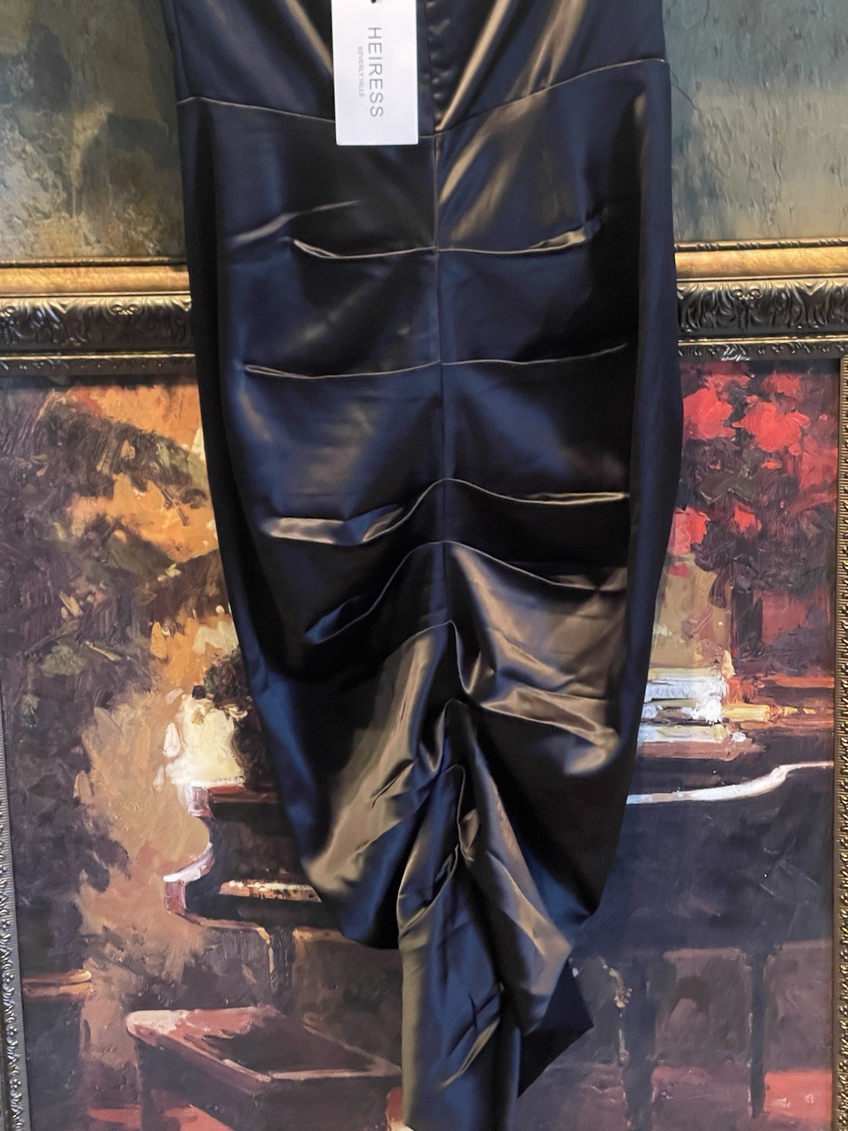 HEIRESS Beverly Hills Black Satin Rouched Midi Dress Corset Size US Medium NWT