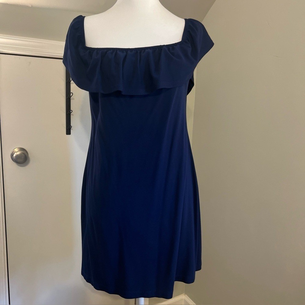 Sailor-Sailor Nautical Off Shoulder Shoreline Navy Blue Dress L Preppy Chic