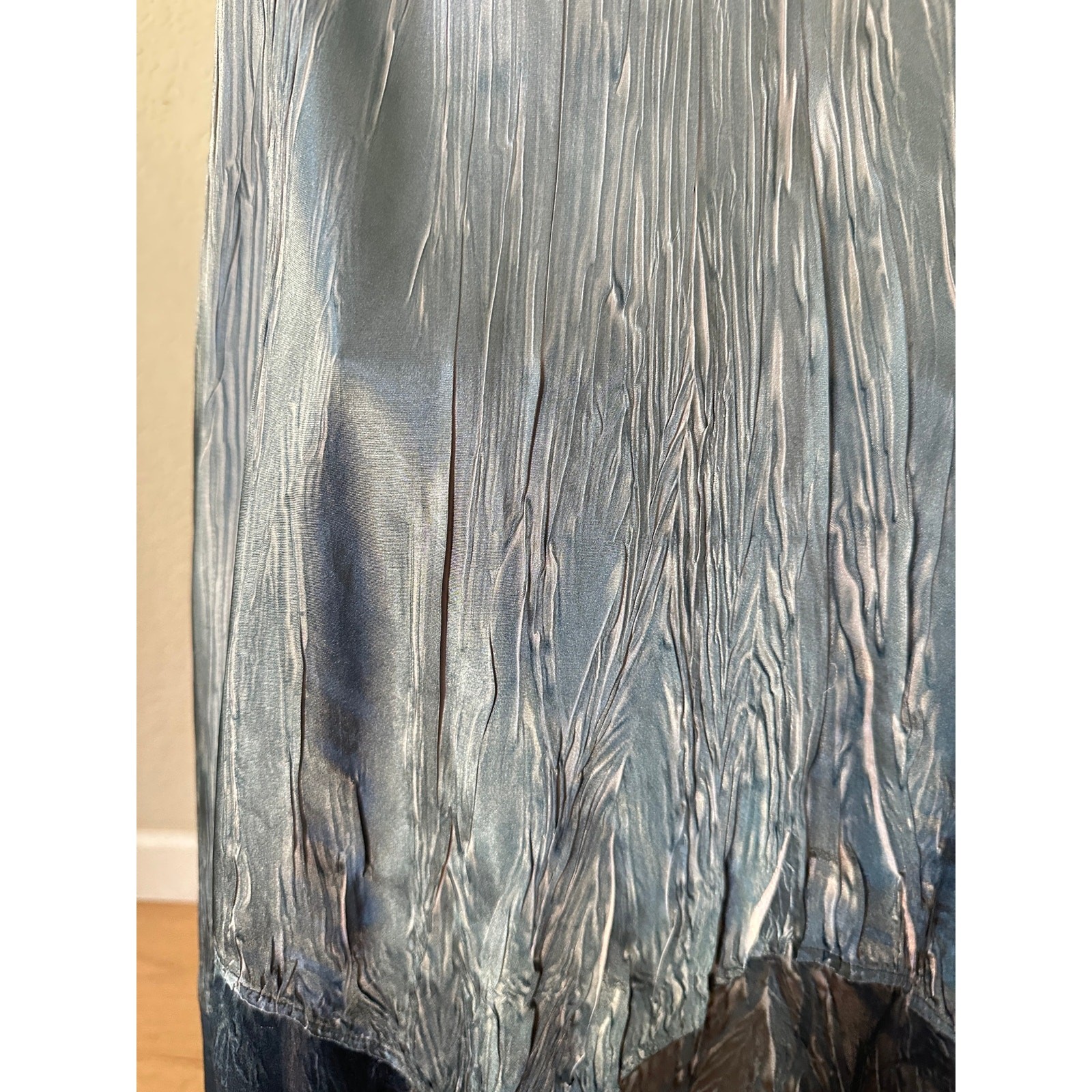Komarov Crinkle Chiffon Dress Blue Gray Beaded Handkerchief Hem Fairycore Size L