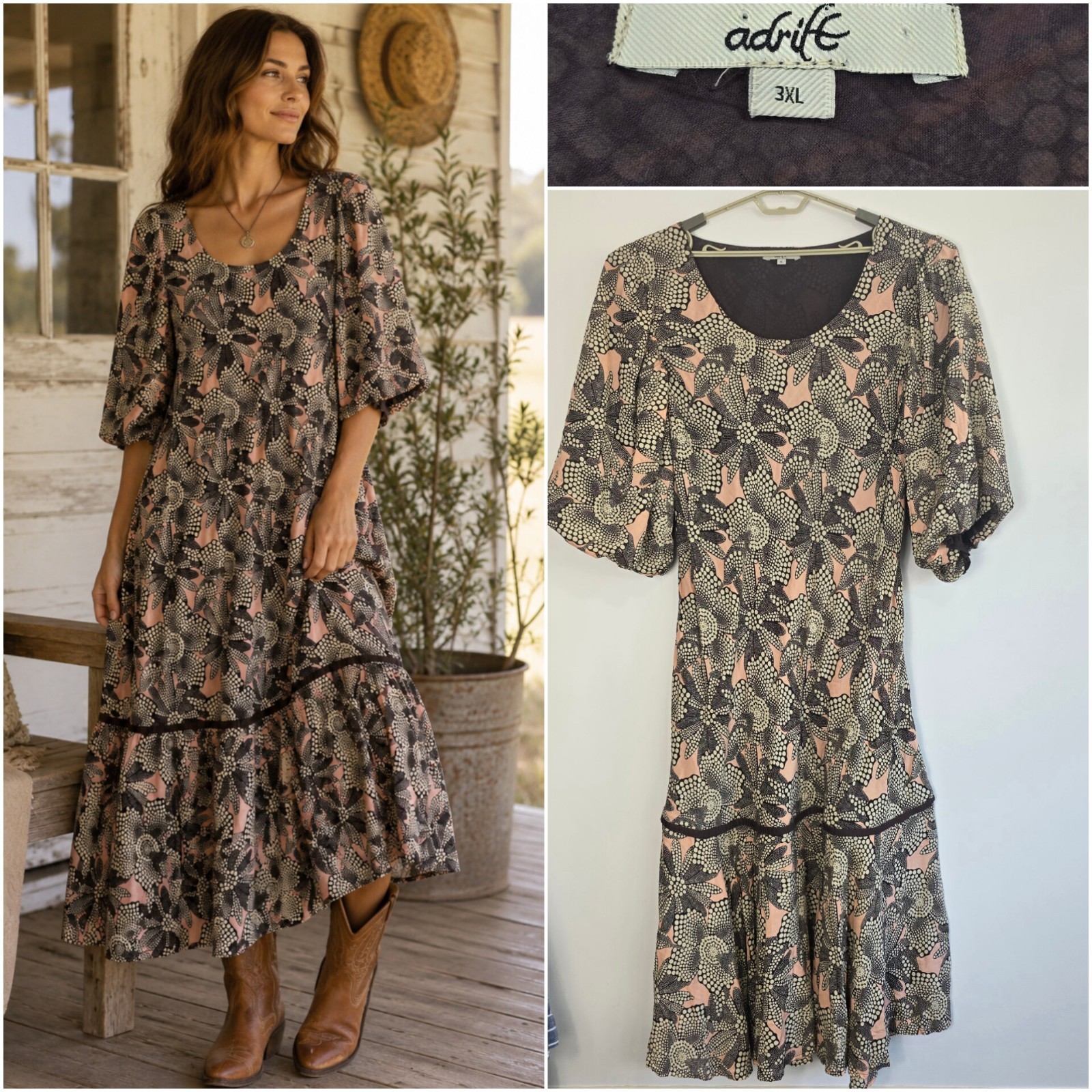 Adrift Dress Size 3XL Brown Tan Floral Midi Country Cottagecore 1/2 Sleeve