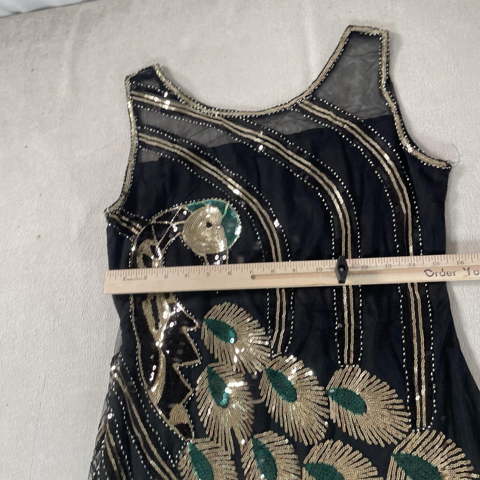 Flapper Dress Womens 1X Black Sequin Beaded Peacock Fringe 20s Gatsby BABEYOND