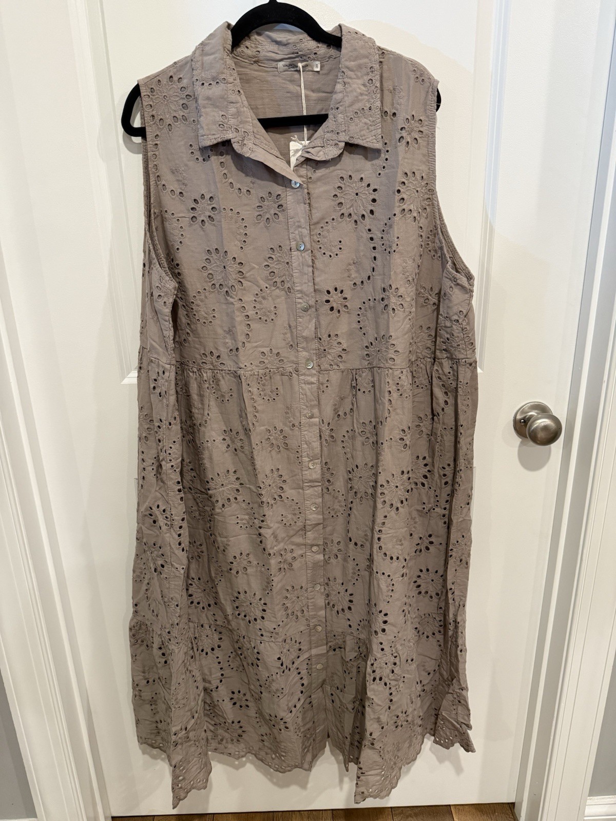 Valentina Naldi Italian Eyelet 100% Cotton Sleeveless Midi Dress Taupe Sz 3X