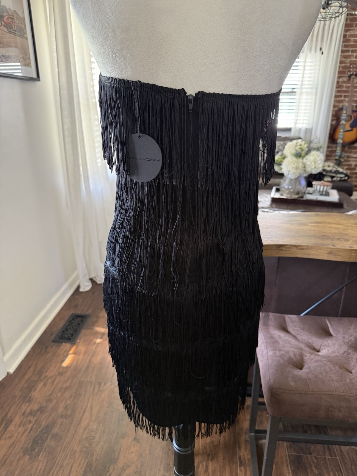 NWT Black Strapless Fringe Sexy Cocktail Midi Body-con Dress Size L Stretch