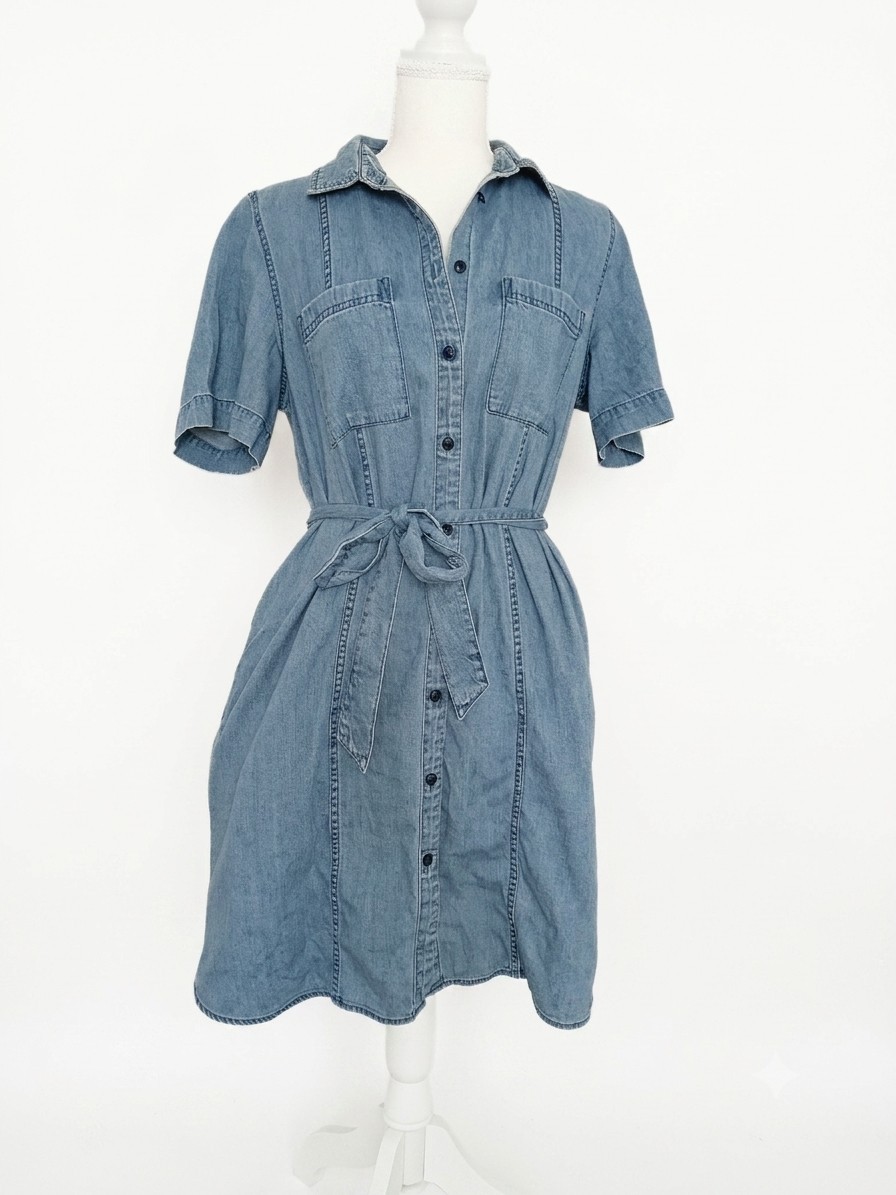 Madewell Denim Shirt Pocket Dress Waist Tie Chic Utility Casual Workwear