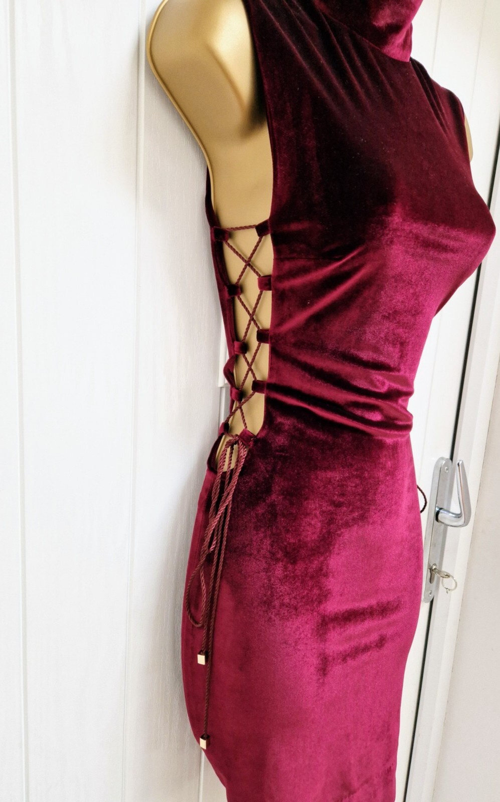 HOUSE OF CB Sukina Mulberry Velvet High Neck Laced Mini Evening Dress S UK 8 10
