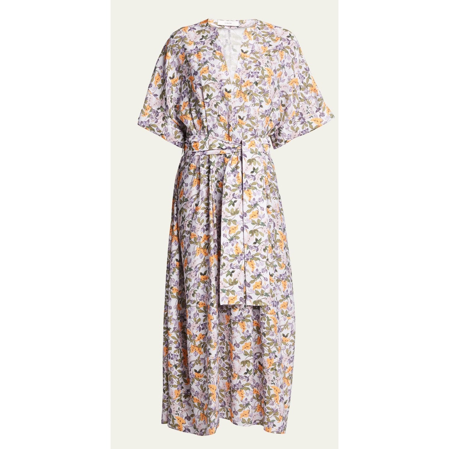 Vince Wisteria Vine Cuffed Sleeve Floral Belted Midi Dress Size Small