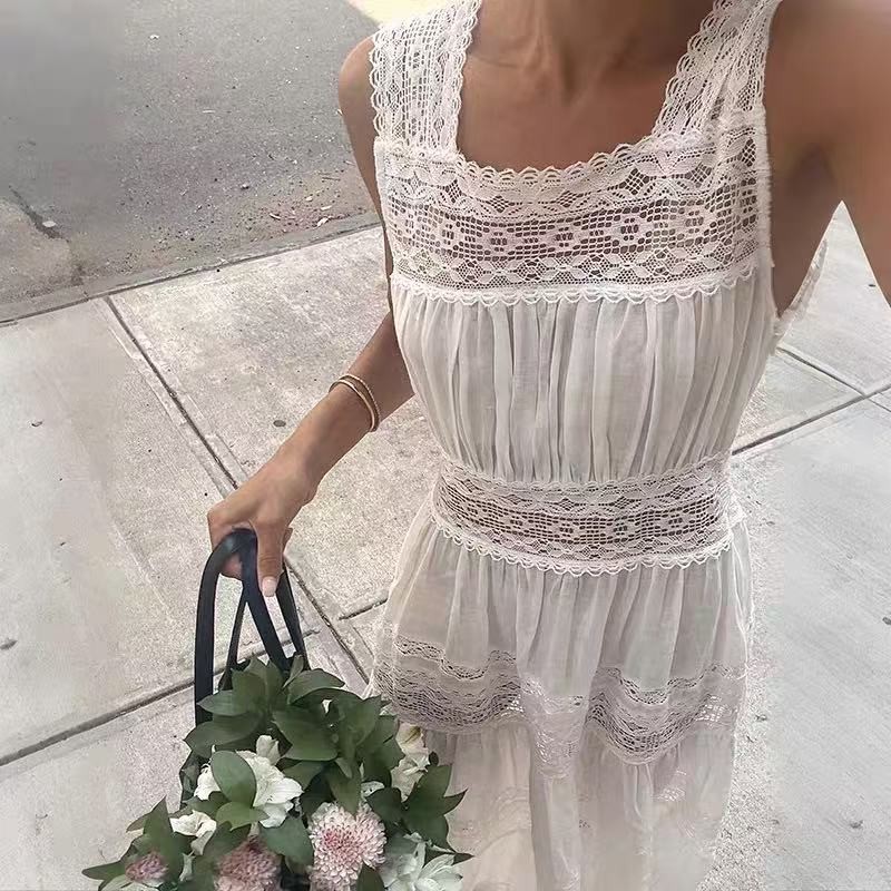 DOEN Spring/Summer Square Collar Lace Splicing Waist Sleeveless Dress