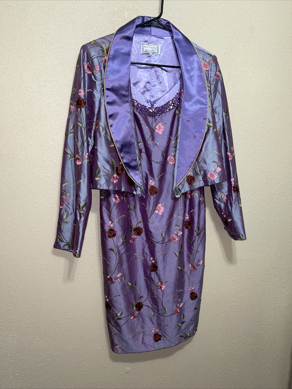 Bencivenga couture 100% SILK Dress and Blazer FLORAL EMBELISHED SZ 52 NEW