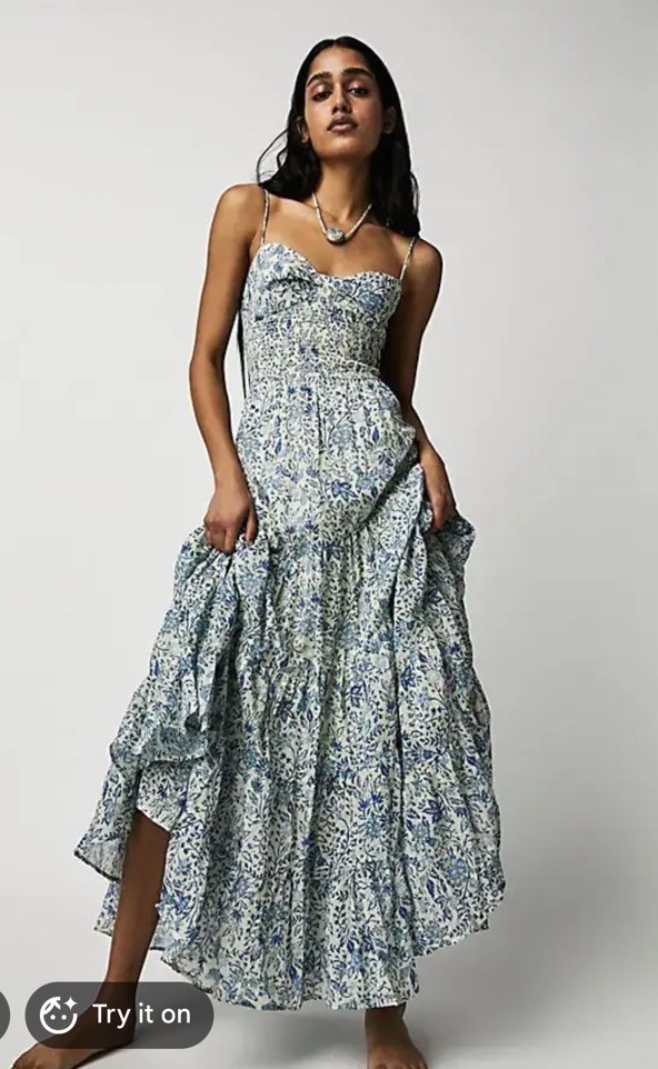 Free People Sundrenched Printed Maxi Dress In Blue Combo L
