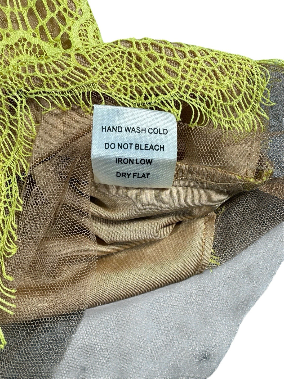 Women’s Lace Overlay Sheer Mesh Mini Dress V-Neck Long Sleeve Yellow Nude Size M