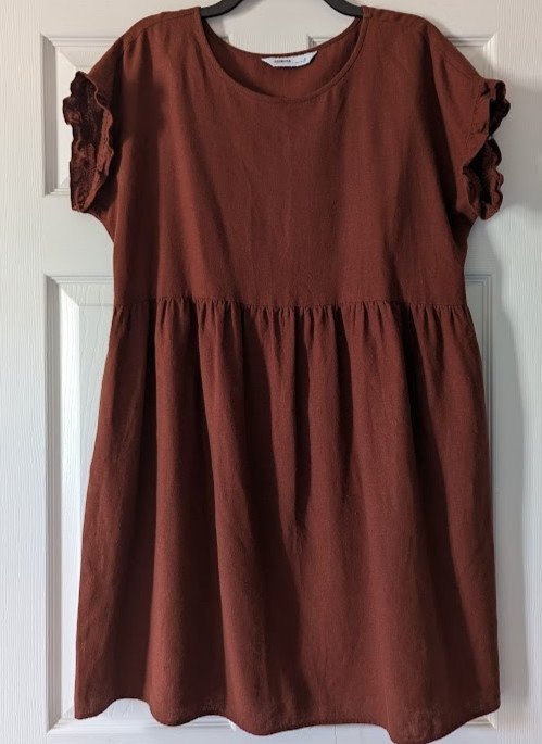 SONOMA LINEN/RAYON RUFFLE SLEEVE BABY DOLL DRESS Women’s Medium M RUST EUC