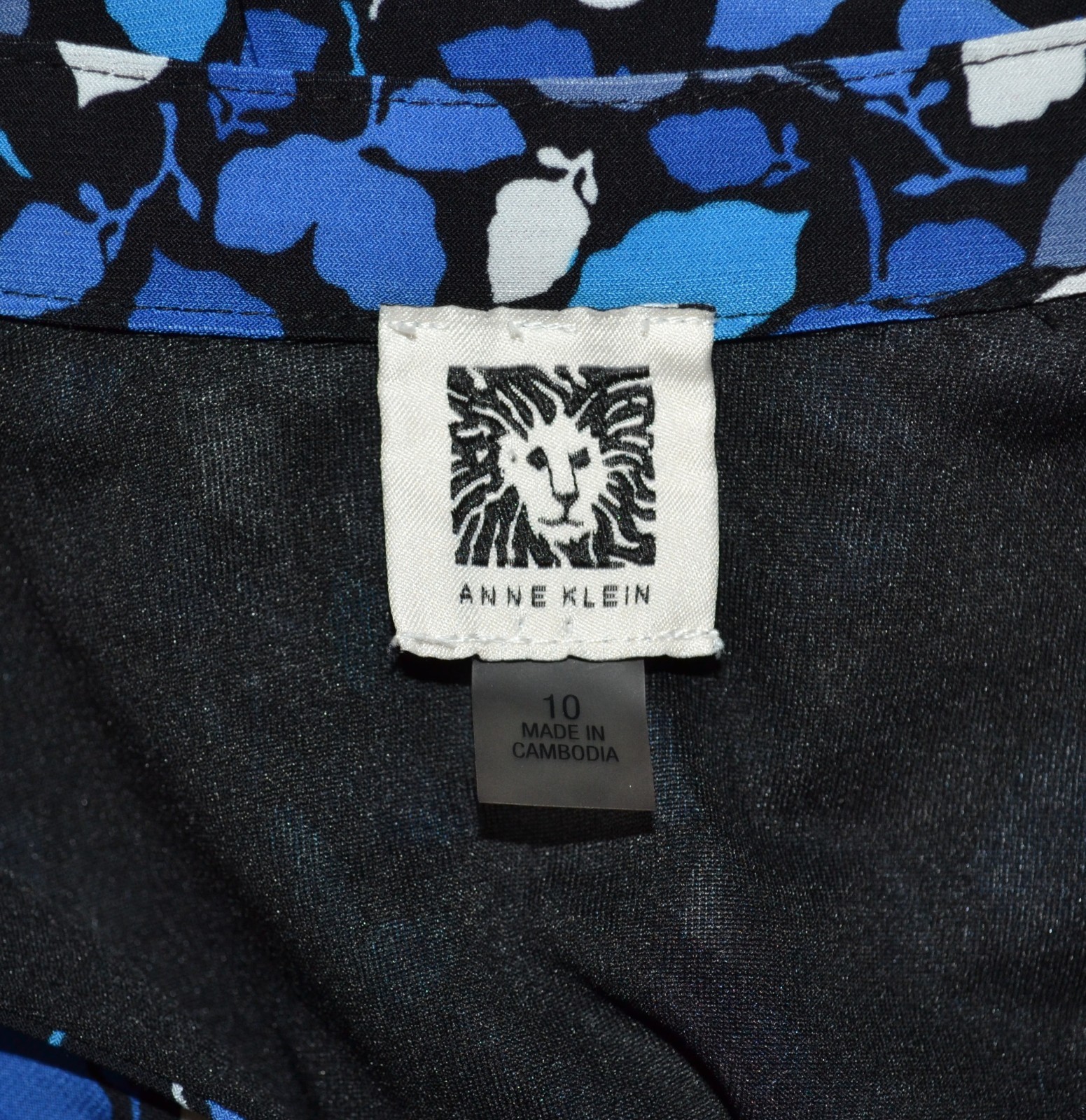 ANNE KLEIN Black Blue Beige Leaf Print Sleeveless Dress 10 Elastic Waist