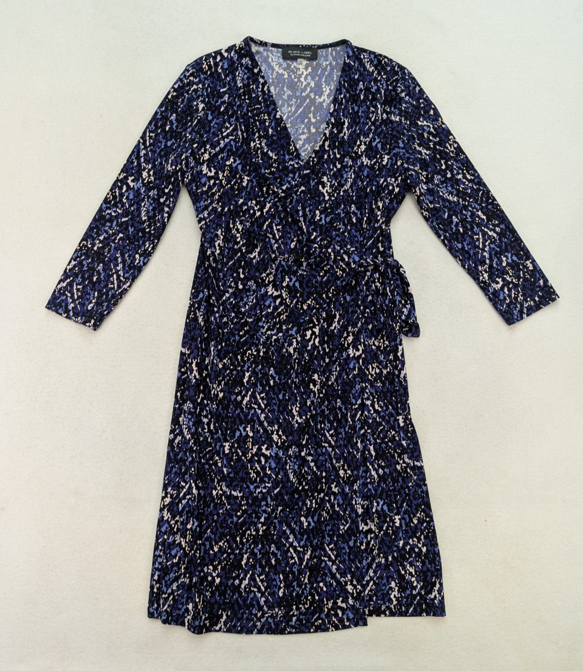 Black Label Evan Picone Women’s Dress Size 10 Black Purple Print Stretch Wrap