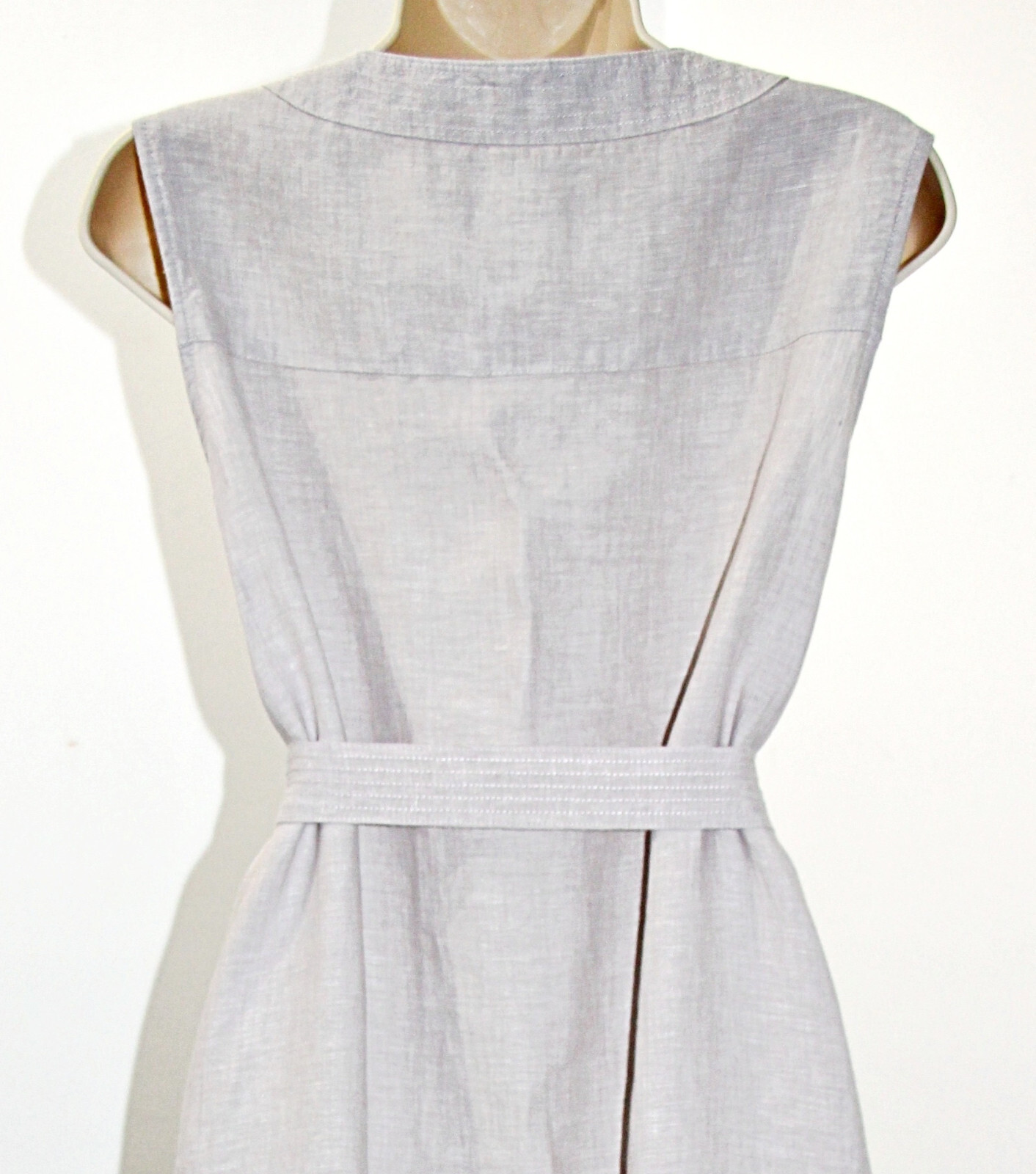 TAHARI 100%Linen Button-Side-Slits Pockets Belted Midi Dress in Light Grey sz XL