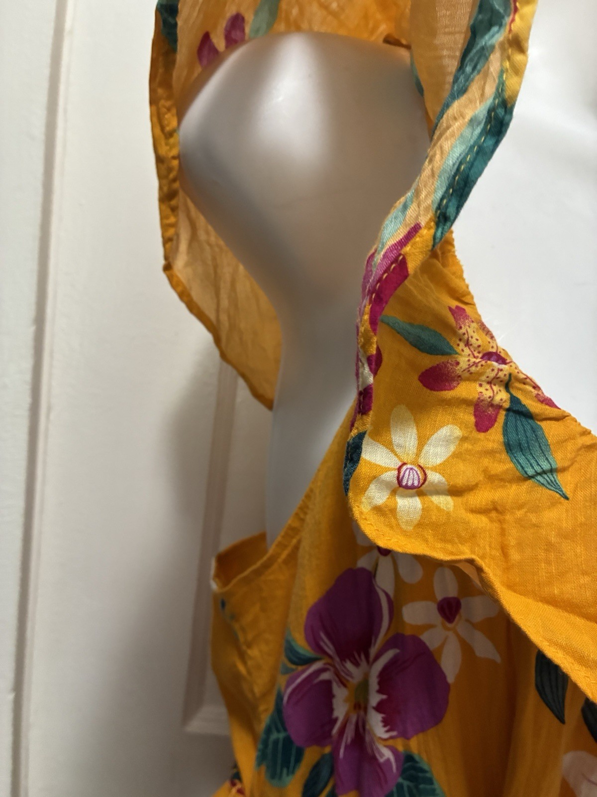 Old Navy Mustard Hawaiian Tropical Cotton Belt Cami Sun Dress Midi Resort L Luau