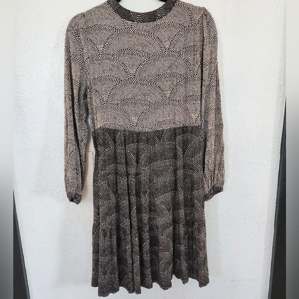 Anthropologie Maeve Brown Tan Patterned Mini Tier Dress Size M Boho Cottagecore