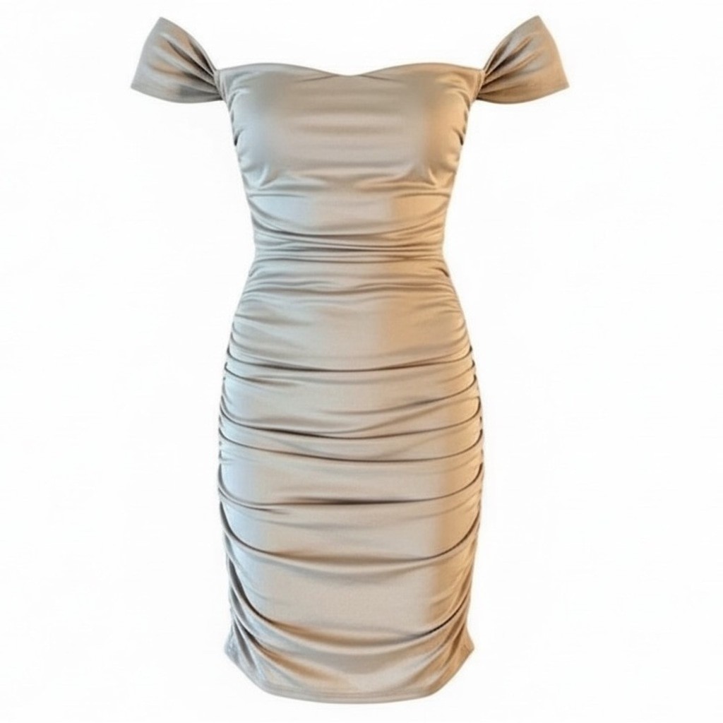 Superdown Taupe Off Shoulder Bodycon Mini Dress XS Ruched Going Out Party NWT