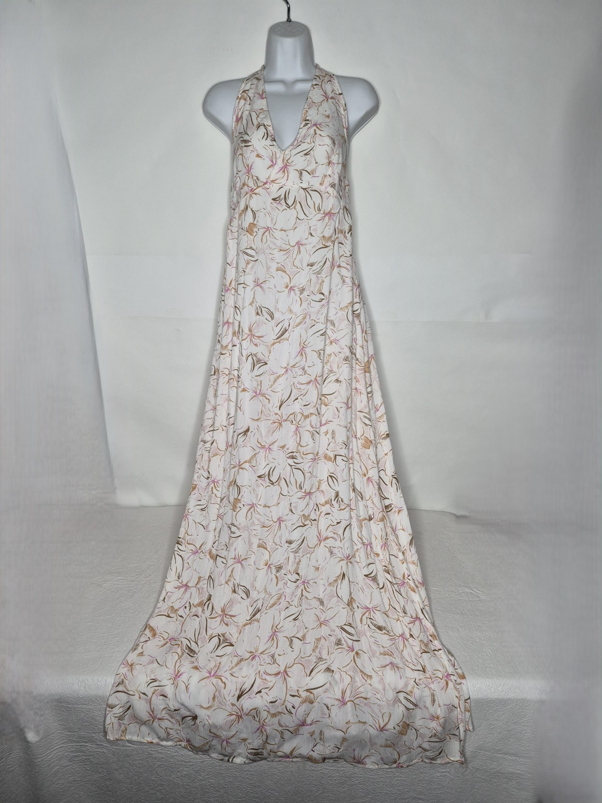 O’Neill Floral Womens L Lined Backless V-Neck Maxi Halter Dress Ivory Pink Brown
