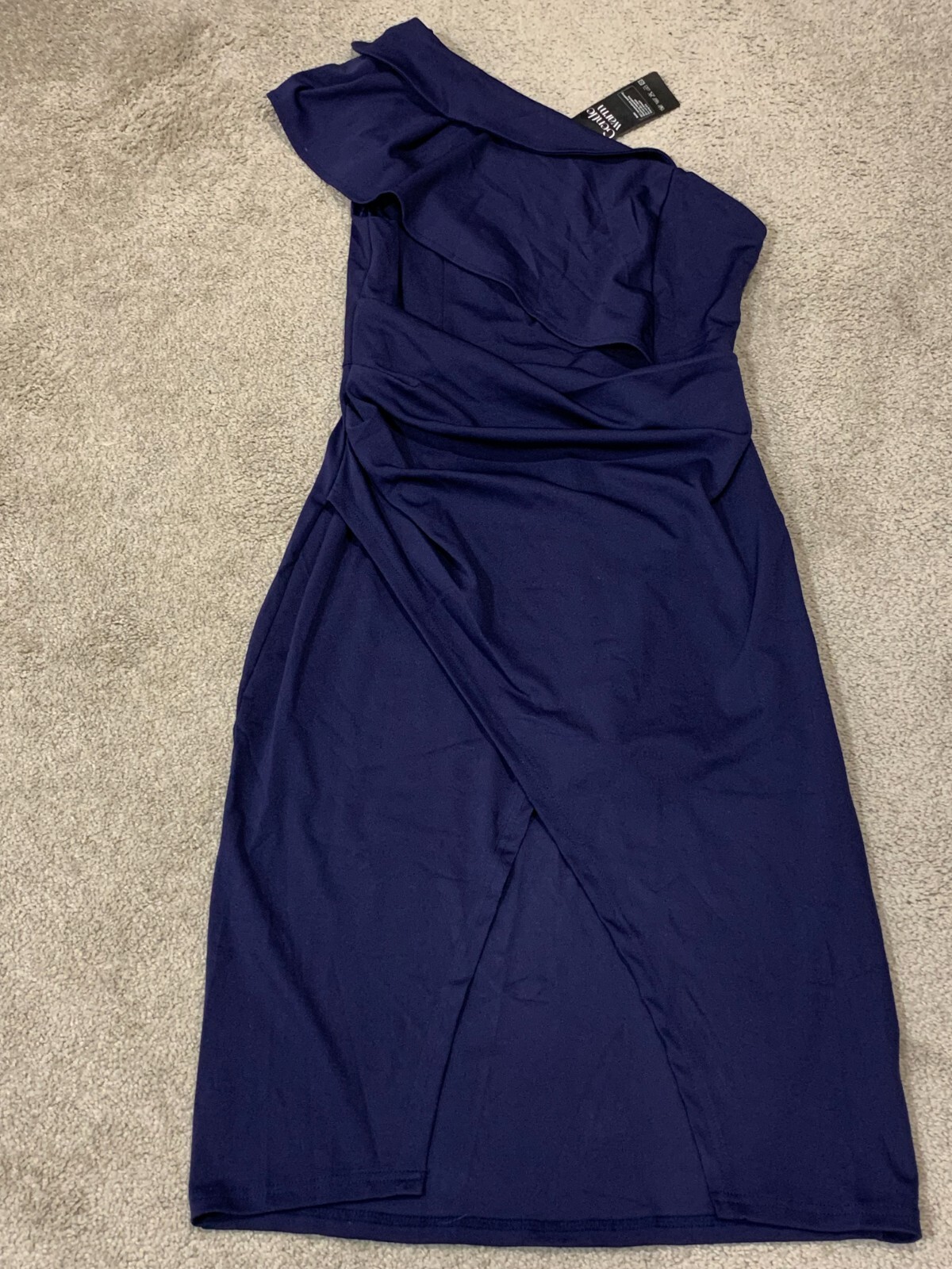 Gentle Warm Navy Dress Womens Size Large One Shoulder Front Slit Stretch Classic