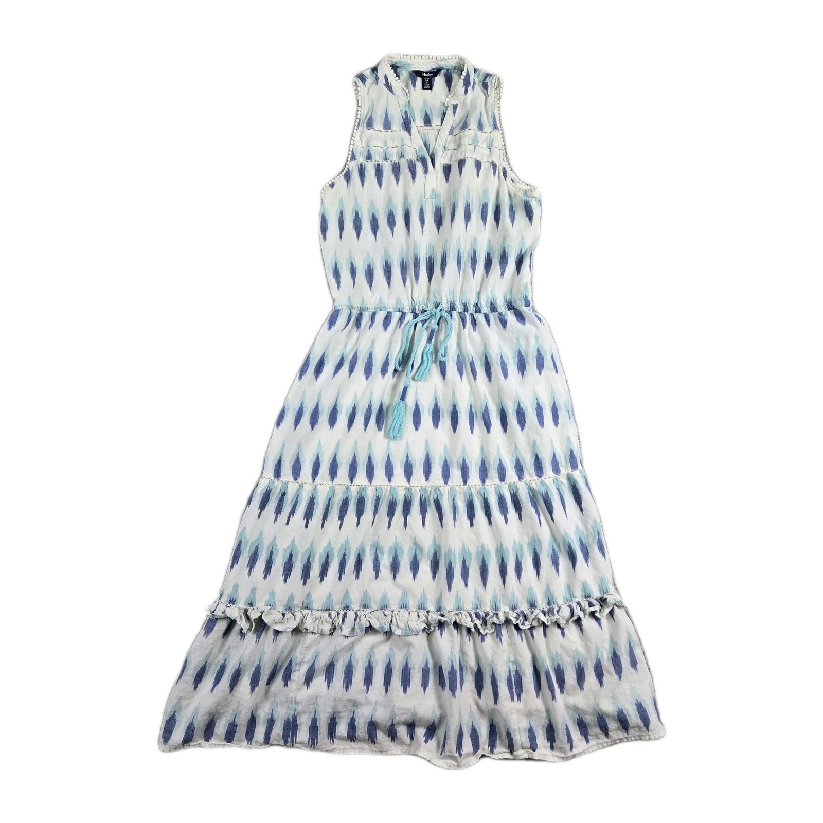 Hatley Midi Dress Sleeveless Ruffle Tiered Tassles Cotton Ikat Pattern Summer