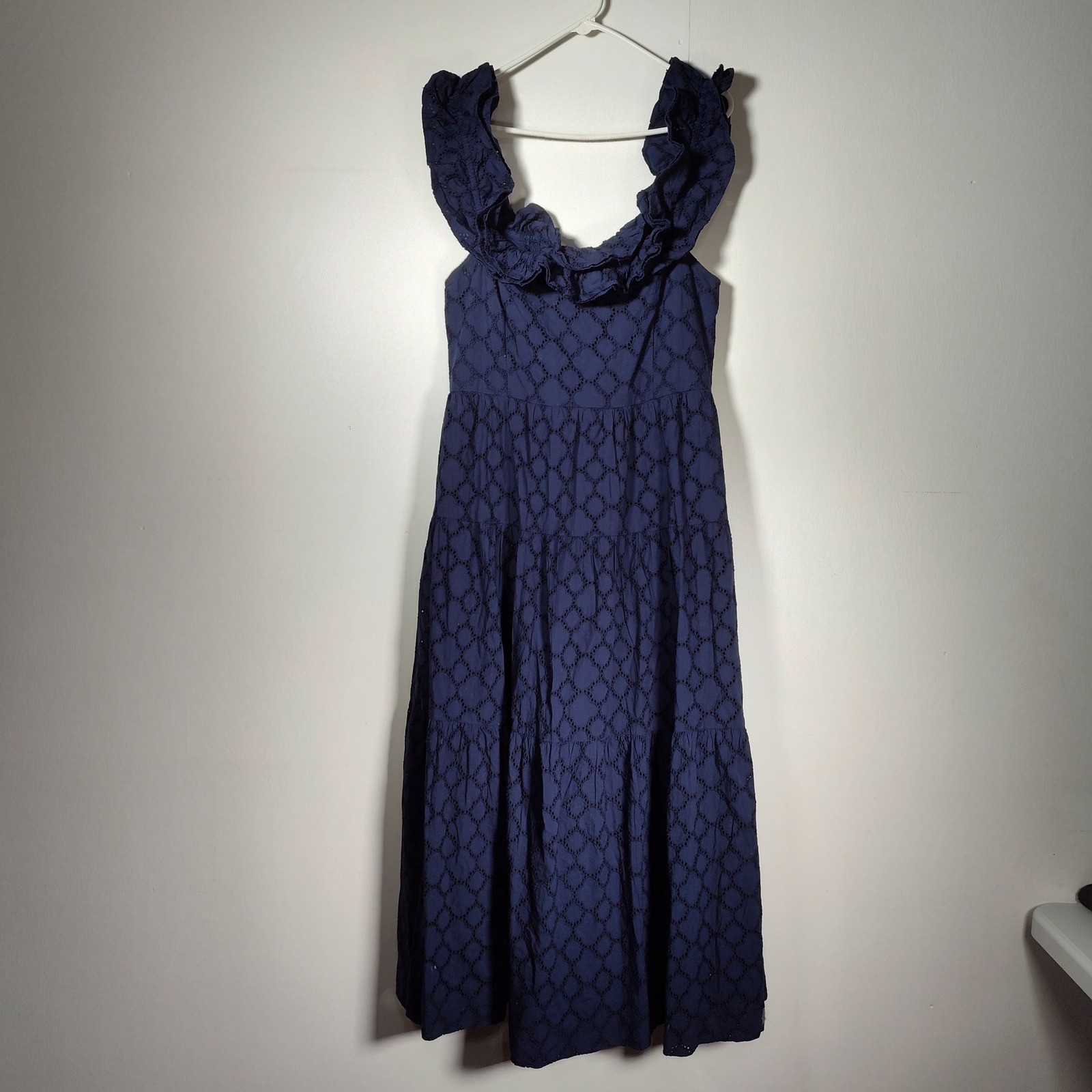 Crown & Ivy NWT Off Shoulder Navy Blue Eyelet Ruffle Tiered Midi Dress Large