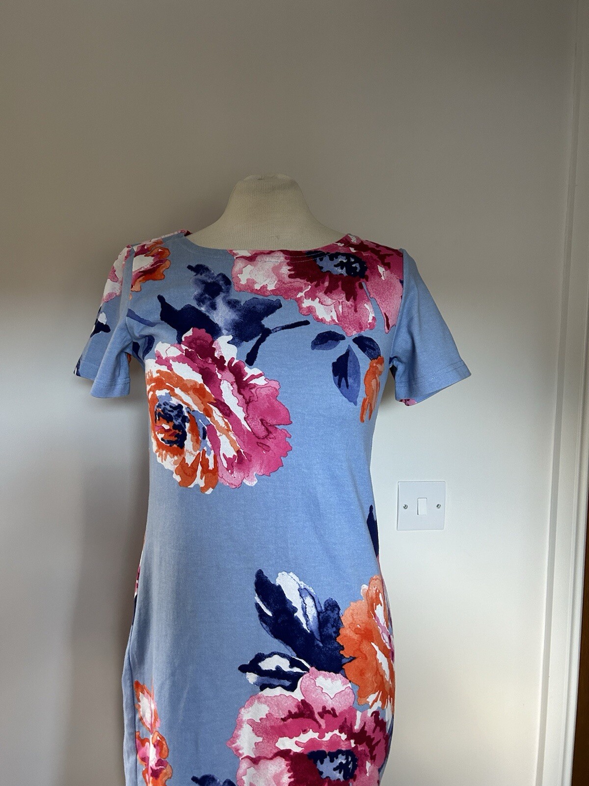 Joules Riviera Print Haze Blue Rose Print Shirt Sleeve T Shirt Dress Size Uk 8
