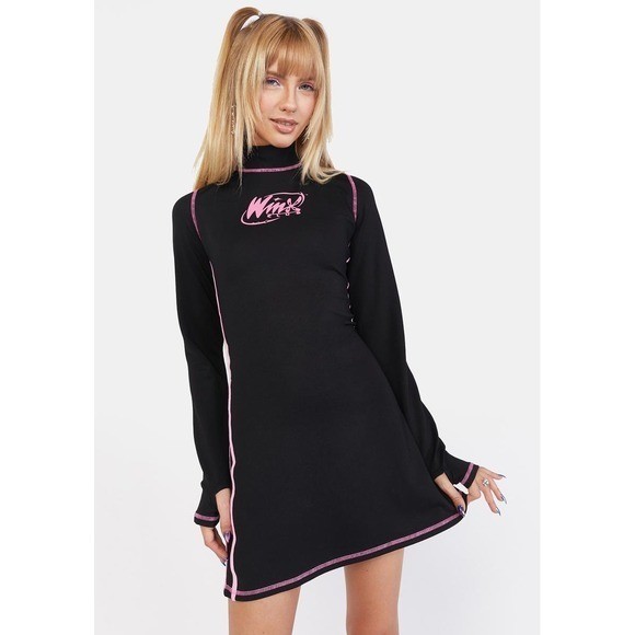 NWT Dolls Kill x Winx Club Black Pink Mock Neck Mini Dress Y2K Fairy | Size M