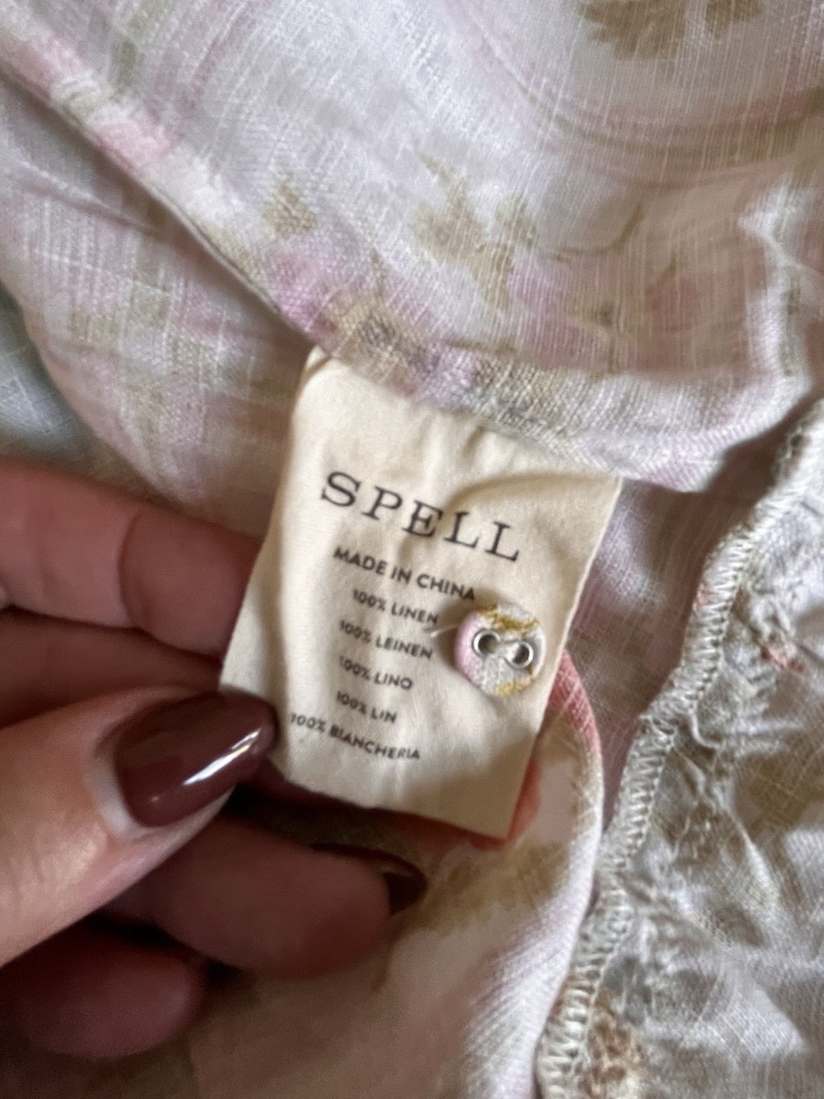 SPELL Linen Tiered Midi Dress – Patchwork Floral Button Down – Boho Cottagecore