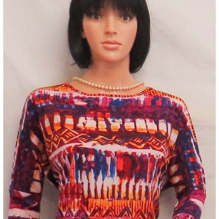 CUPIO Multi Color “Ethnic Zigzag” Pattern 3/4 Sleeve Baggy Stretch Dress L