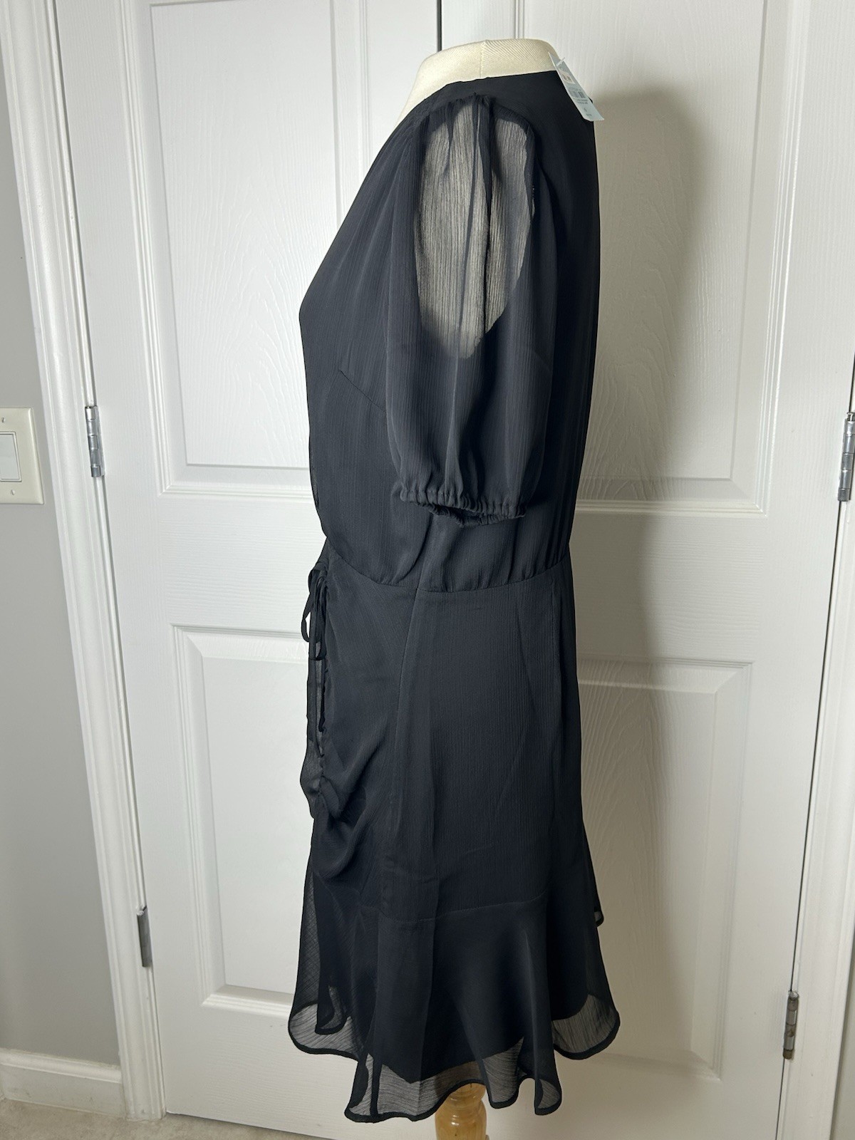 LOFT Black Chiffon Wrap Dress V-Neck Puff Short Sleeve Ruched Ruffle Hem 6P