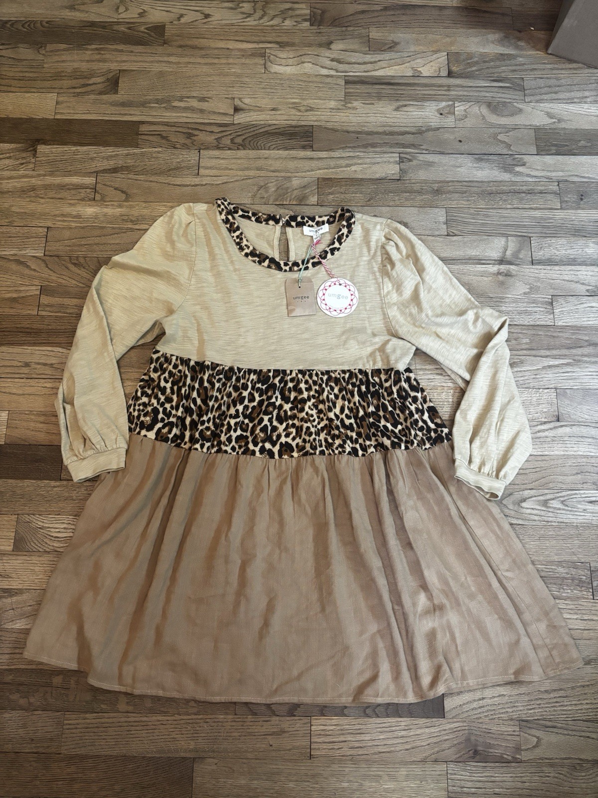 Umgee Small Leopard Print Babydoll Flowy Mini Dress Boho Long Sleeves
