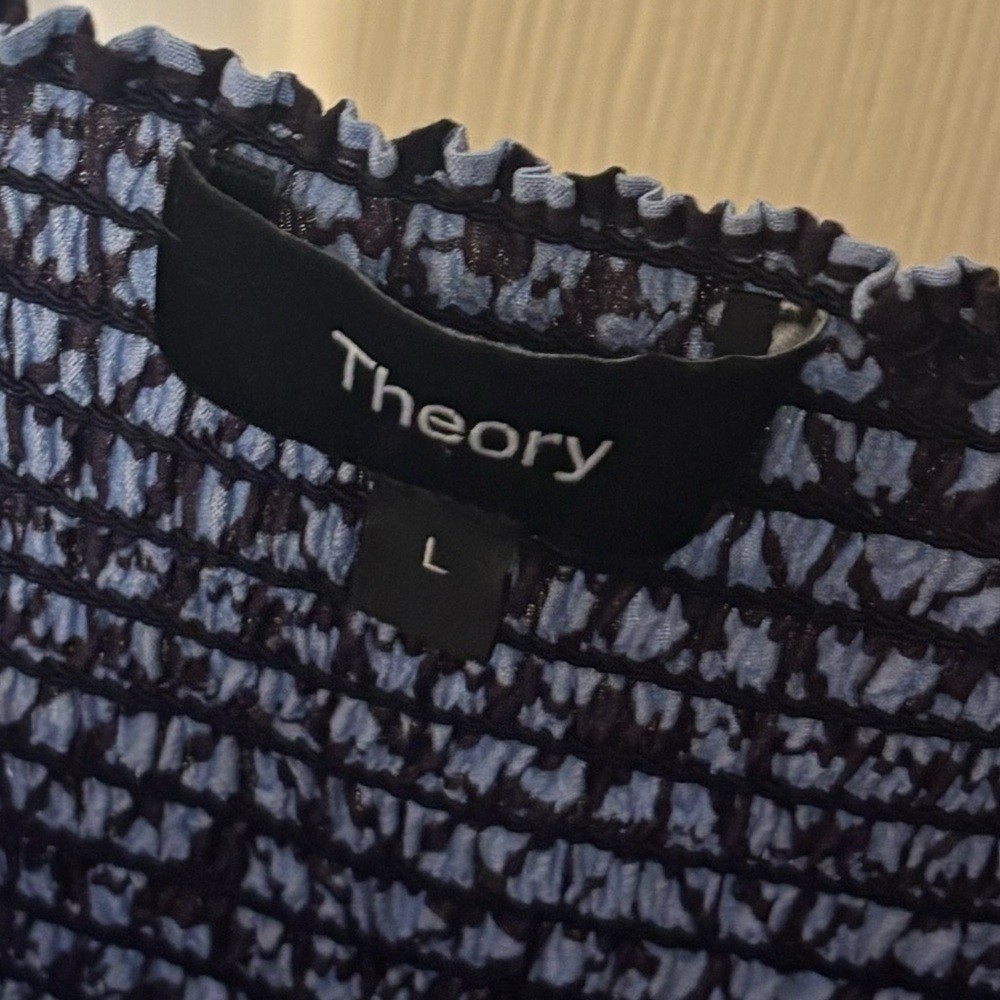 Theory Silk Tile Print Smocked‑Back Midi Slip Dress Blue White Size L