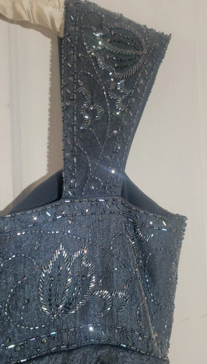 EUC Shimmering Blue Tiered Ruffle Sequins Beaded Formal Gown Dress Maxi 14 LG