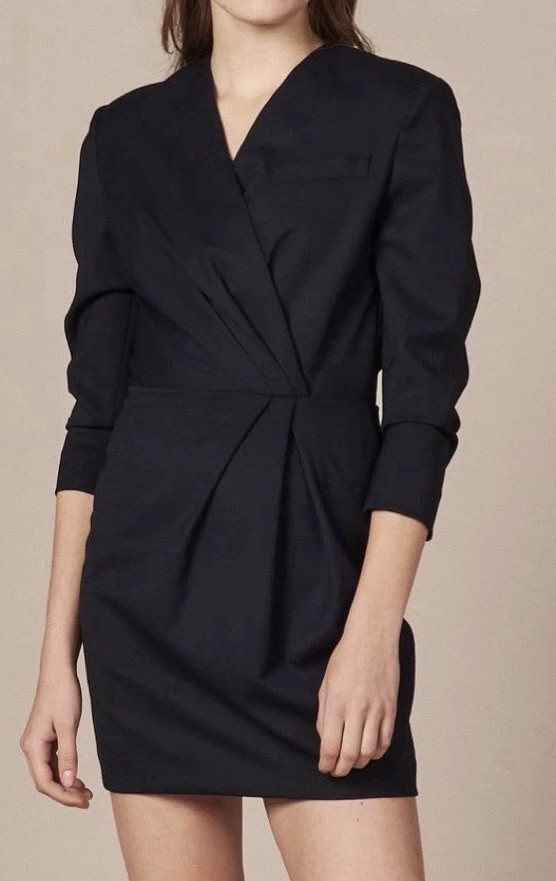 SANDRO Women’s Grattinara Wrap-Effect Twill Dress In Midnight Blue Sz 36 (4)