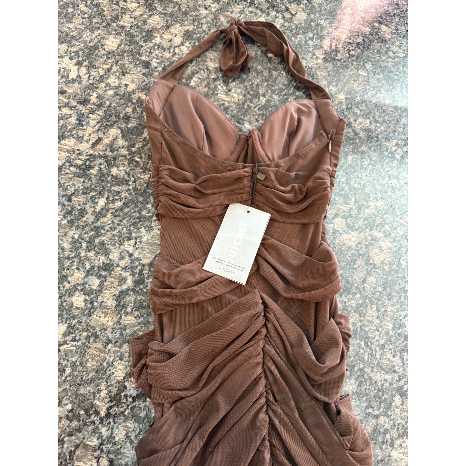 Outcast Cherrey Maxi Dress Chocolate Brown Ruched Mesh Halter Gown OC7063 XS NWT