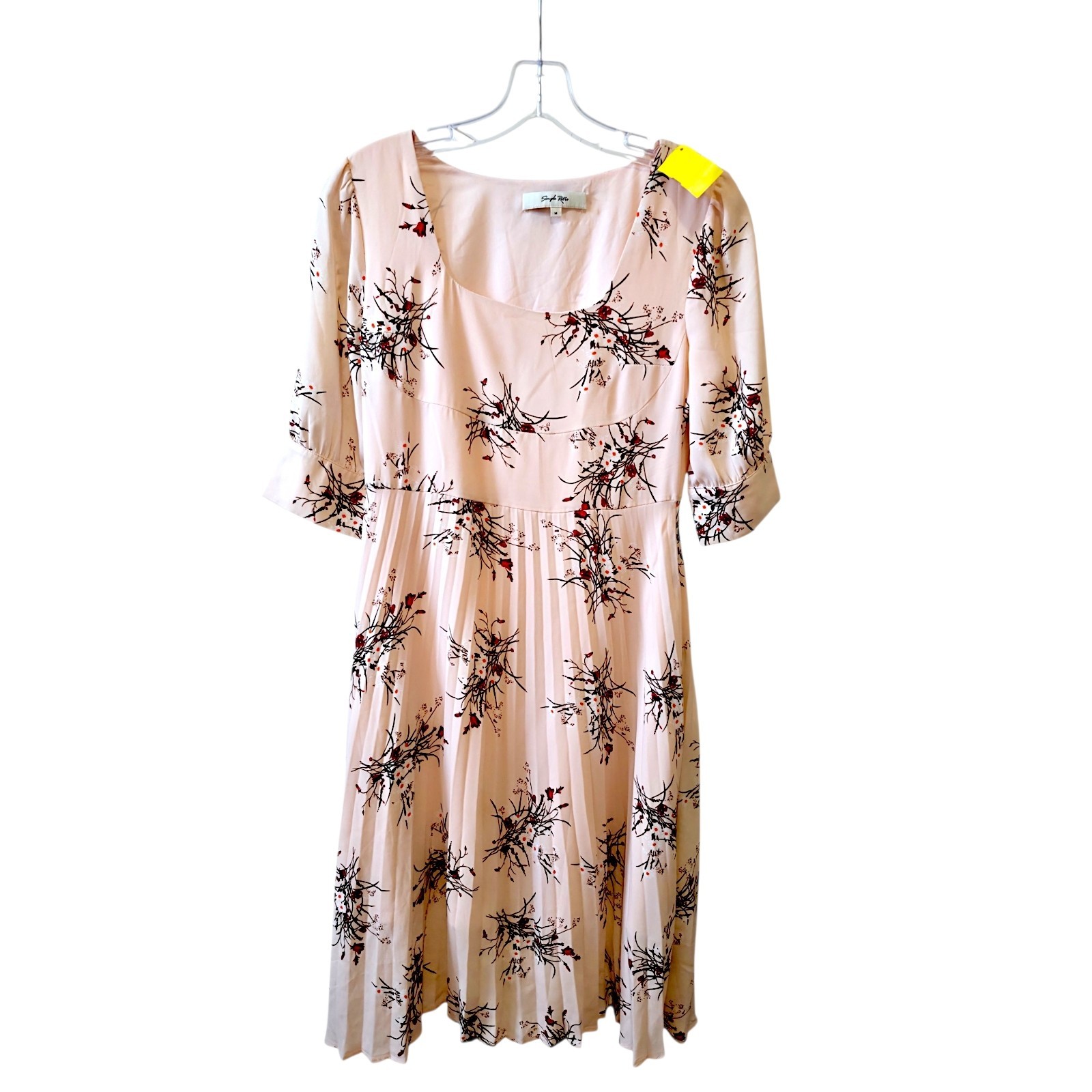 Simple Retro Women’s Pink Floral Midi Dress Romantic Pleated 3/4 Sleeve Size M