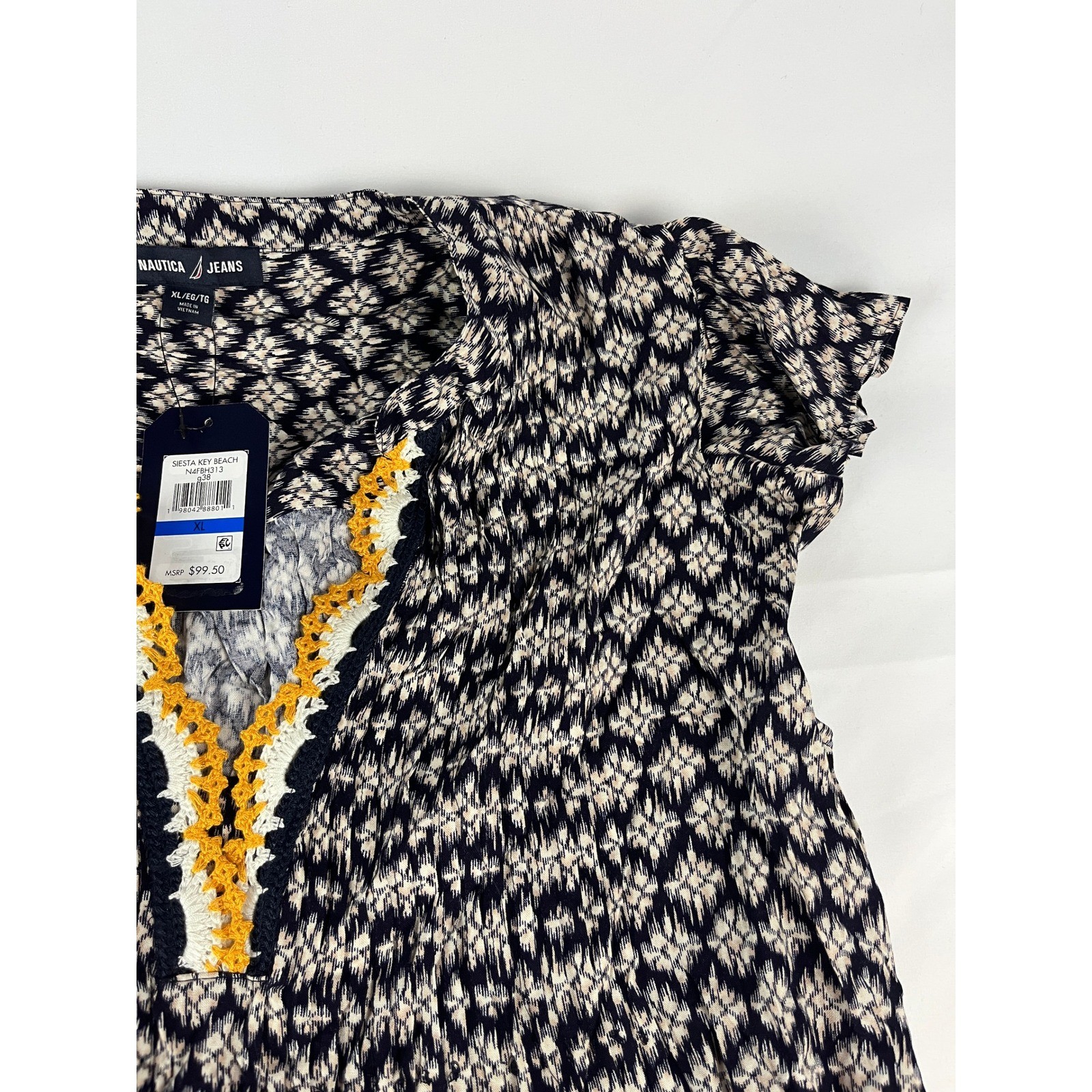 Nautica Jeans XL Siesta Key Beach Dress Black Beige Ikat Crochet Trim New