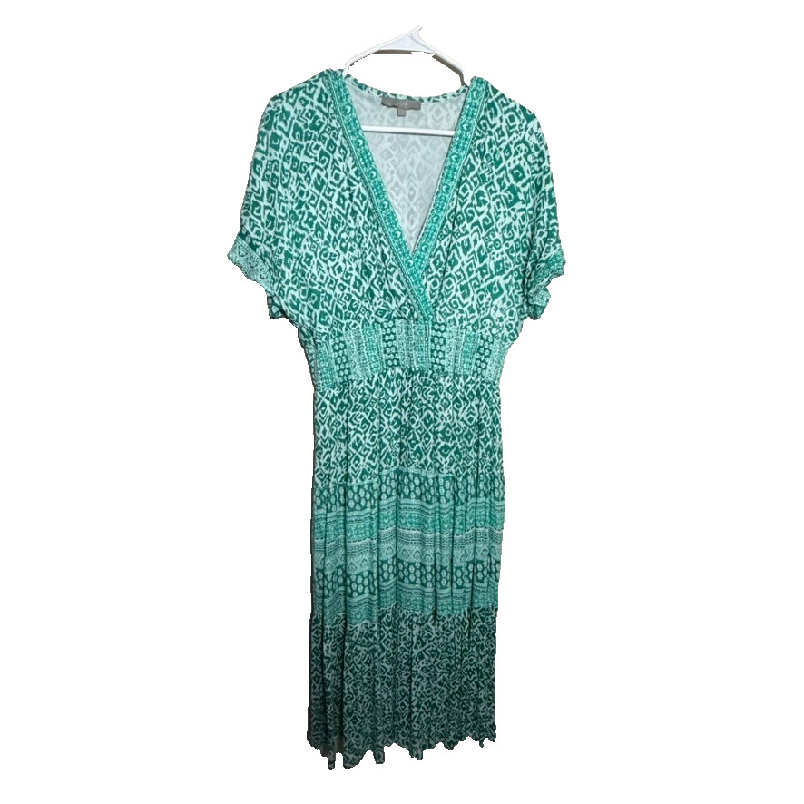 J Gee Dress Women’s Large Green V-Neck Sheath Short Sleeve Maxi Long Boho