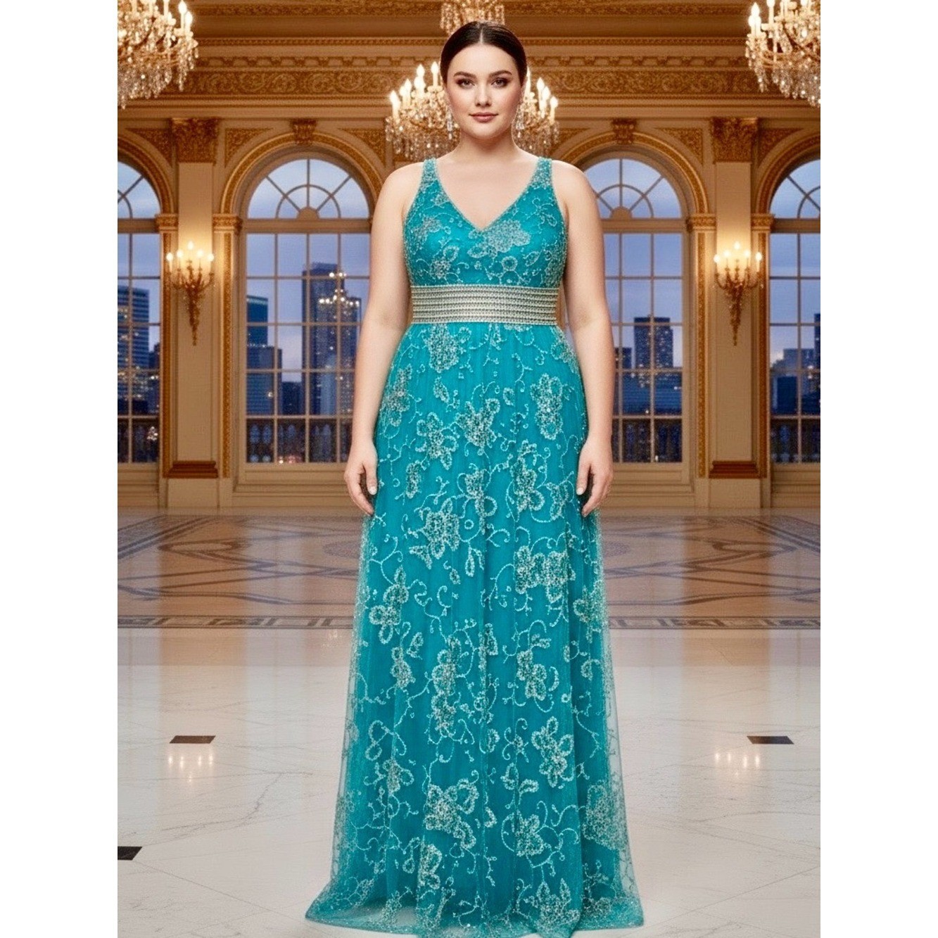 Elegant XXL Teal- Aqua intricately hand beaded Evening Dress. Attitudes by Debra