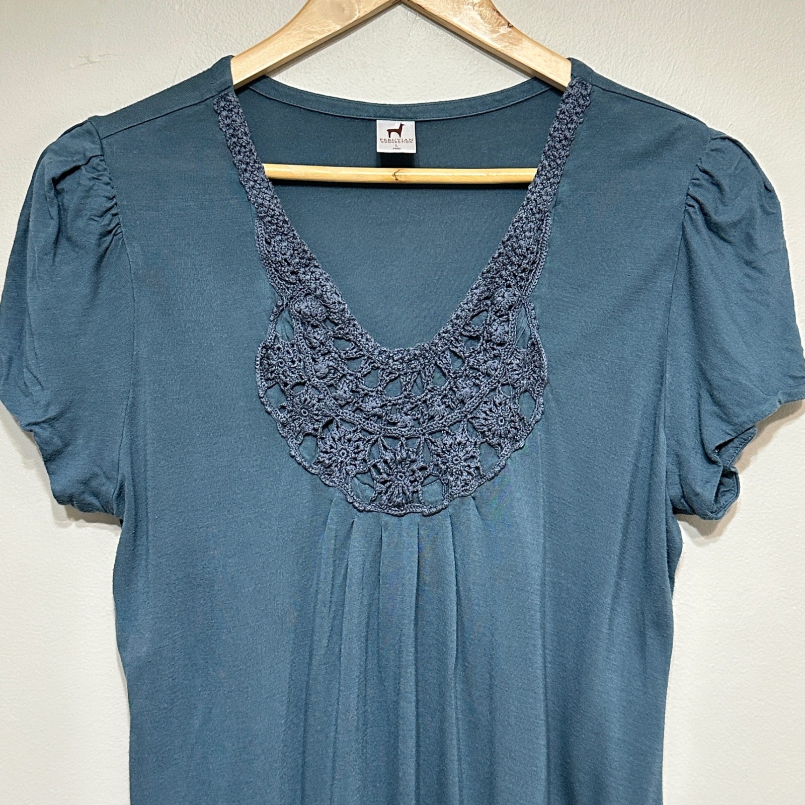 Peruvian Connection Shift Dress Womens L Blue Knit Crochet Neck Vacation Relaxed