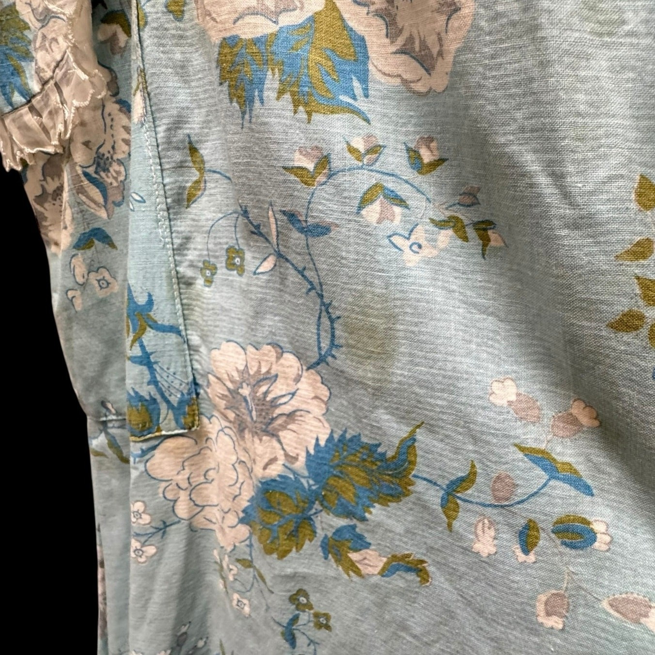 Vintage 1940s Blue Floral Seersucker Cotton House Dress Tie Waist Pockets Lace