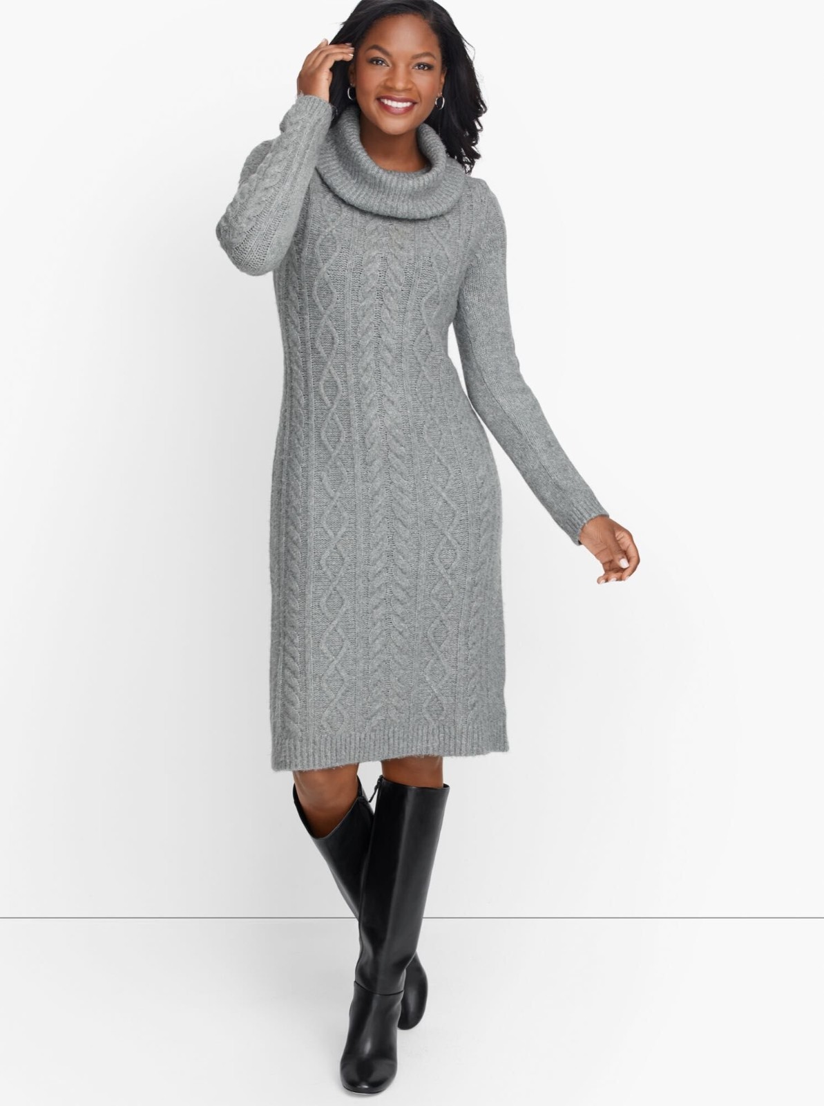 Talbots XL Cowl Neck Grey Chunky Cableknit Fisherman Sweater Knee Length Dress