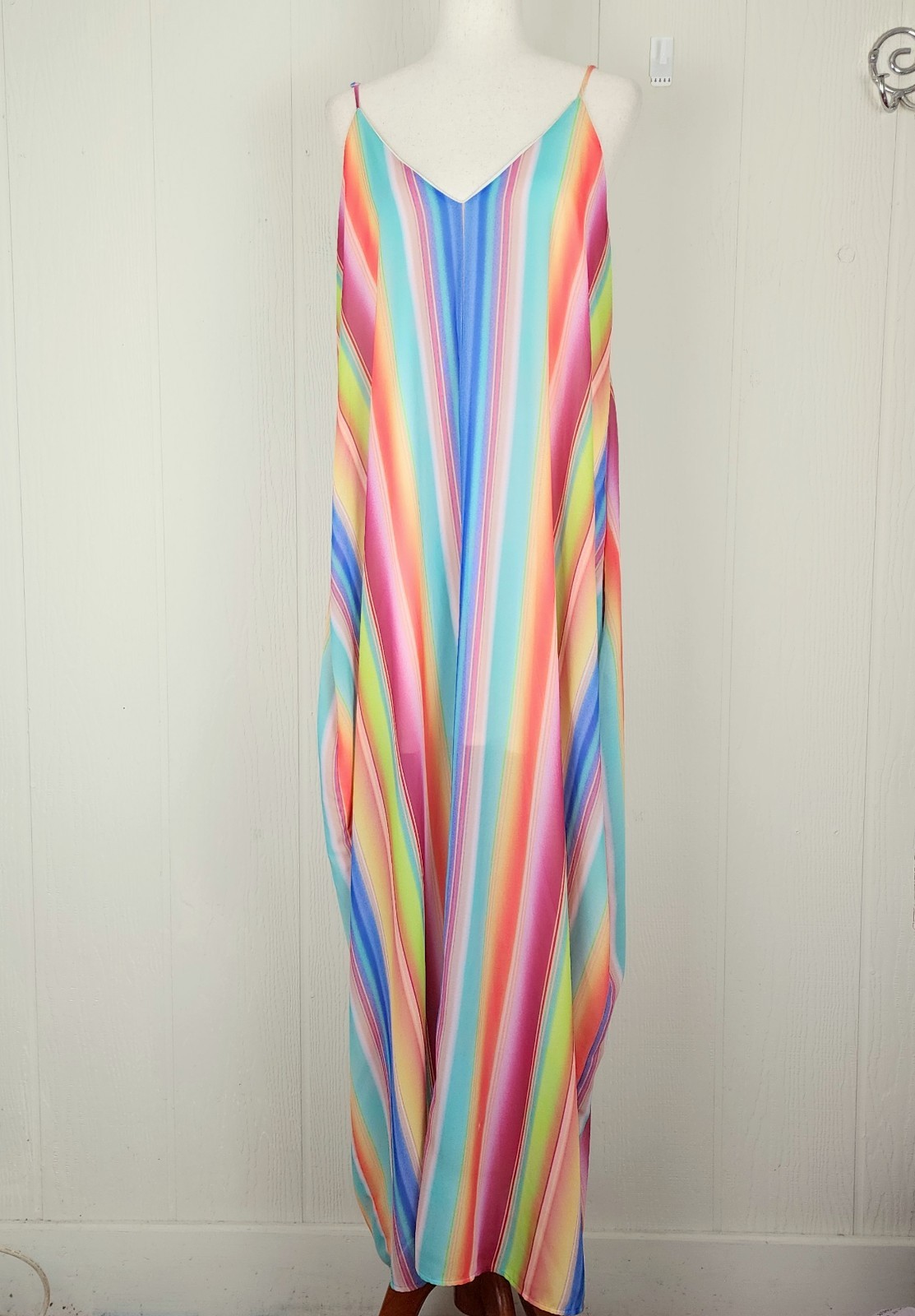 Fantastic Fawn Rainbow Strap Maxi Dress Size L Boho Pockets Lined Sundress Strip