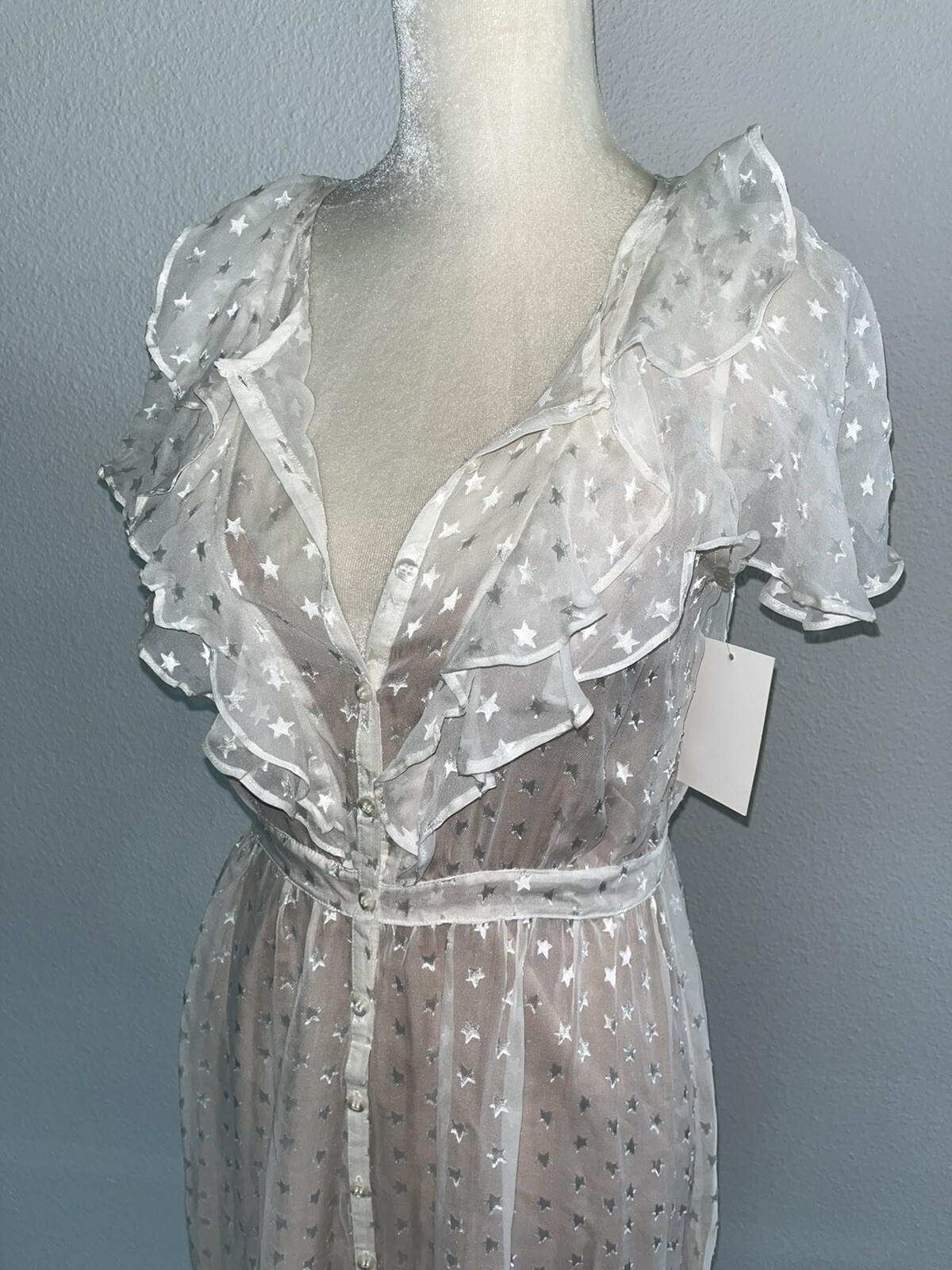 FOR LOVE AND LEMONS Firecracker Button Ruffle Midi Dress Cream Sheer Star S New