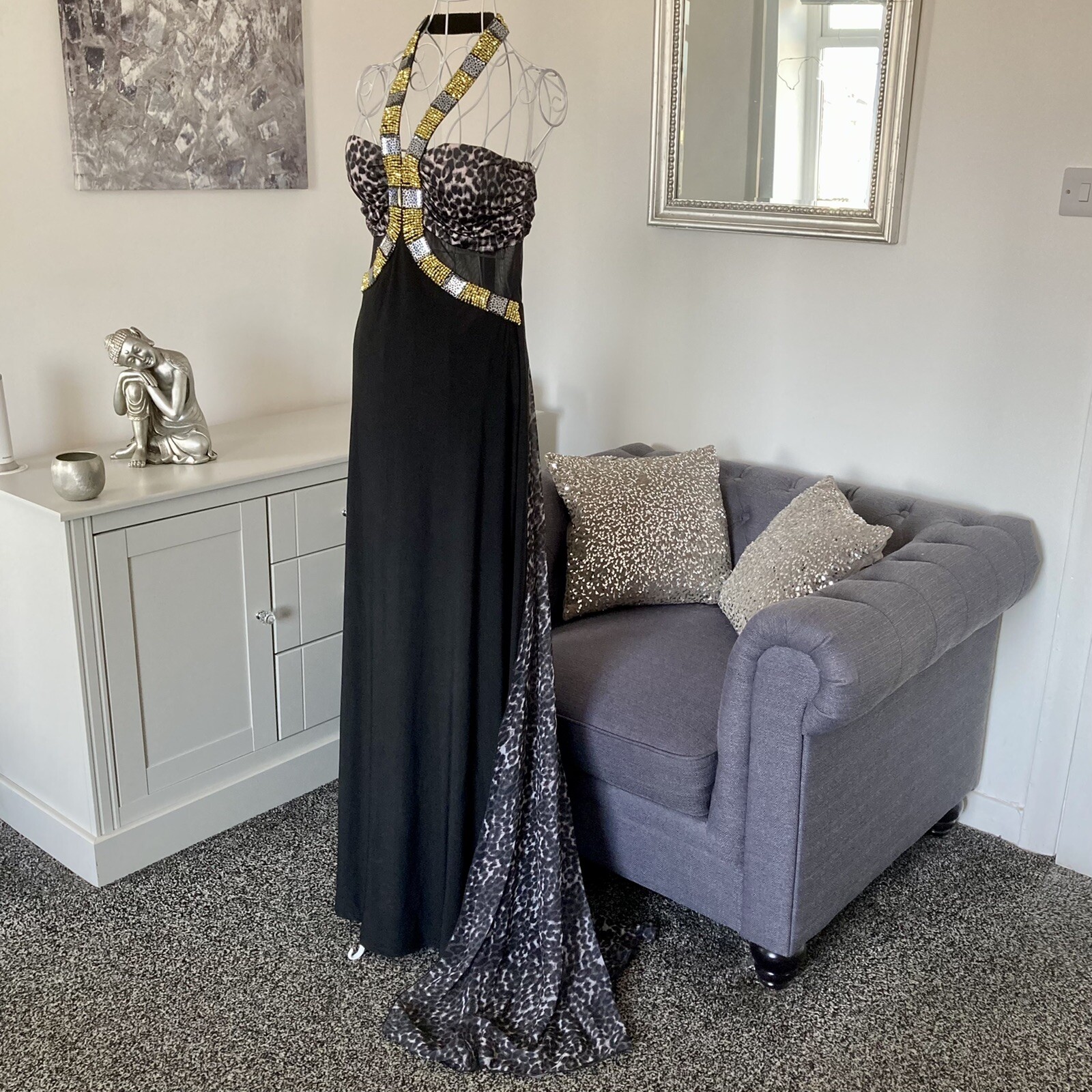 Grey Black Leopard Print Halter Prom Ball Cocktail Occasion Maxi Dress S 8-10