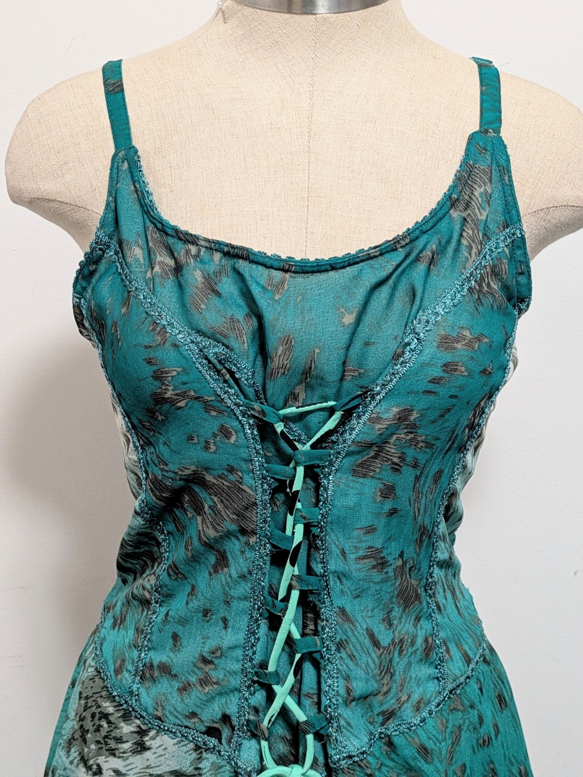 Womens Green Corset Dress Sleeveless Pixie Hem Fairy Festival Boho Whimsy Witchy