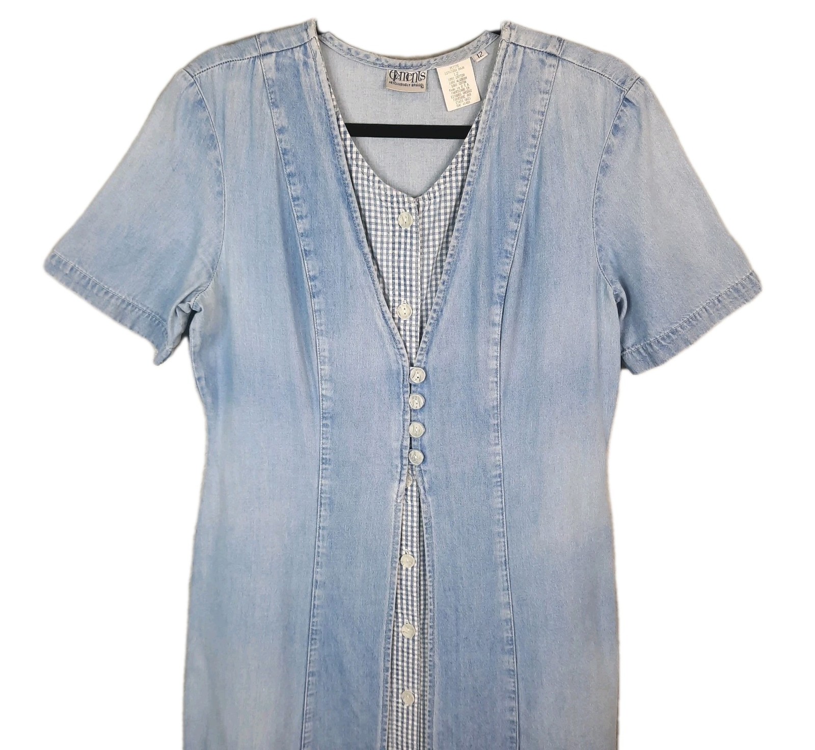 VTG 90s Button Front Denim Gingham Dress Womens 12 Cottagecore Prairie Western